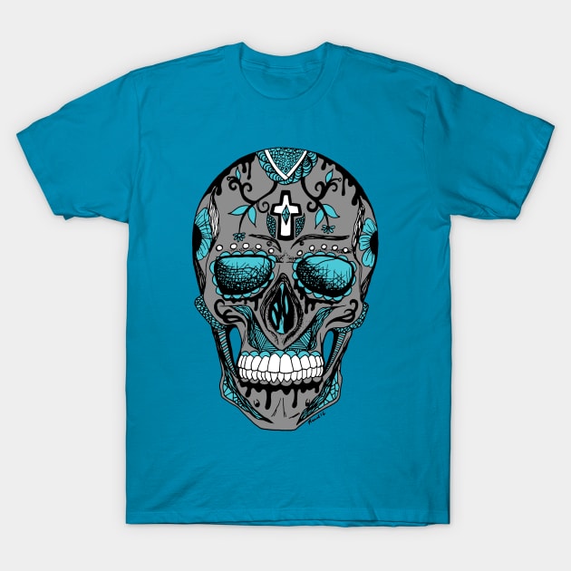 Blue Grey Los Muertos Skull T-Shirt by kenallouis